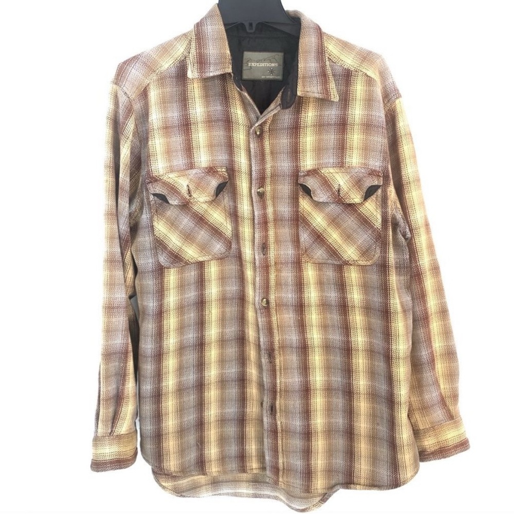Wrangler Expeditions Men's Brown and Yellow Soft Flannel Button Down Shirt